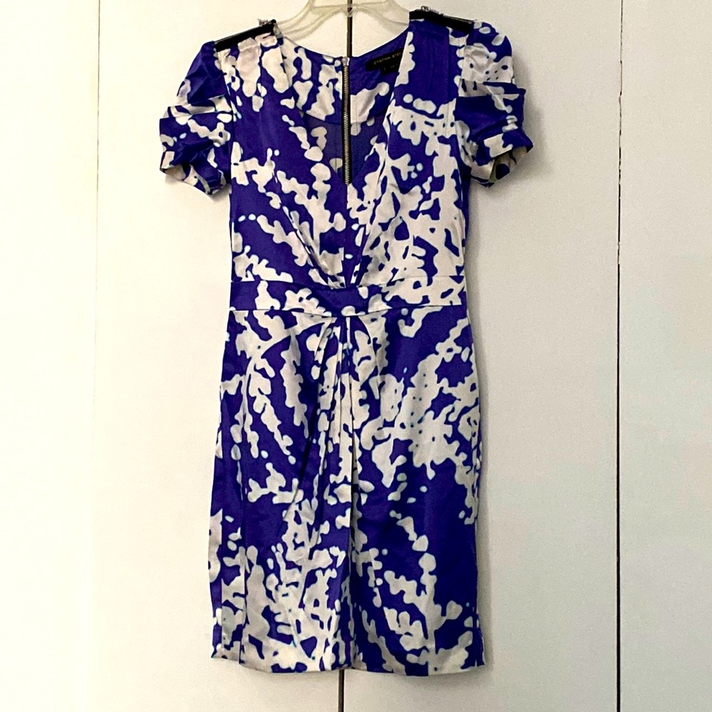 Blue and white silk Dress with black zipper detail on arms and back.